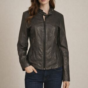 MAX EDITION 1990s Gray Faux Leather Moto Style Zipper Jacket